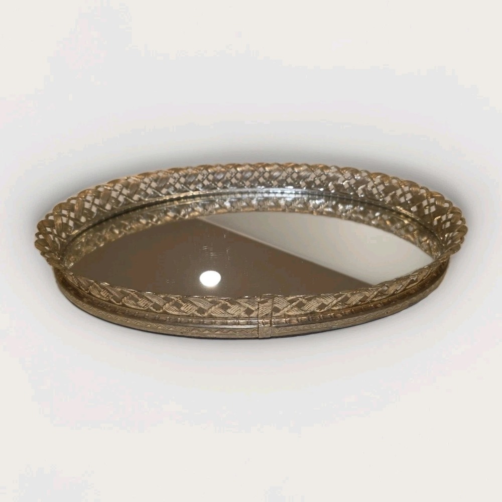 Vintage Oval Gold Weave Filigree Mirrored Vanity Tray Perfume Hollywood Regency